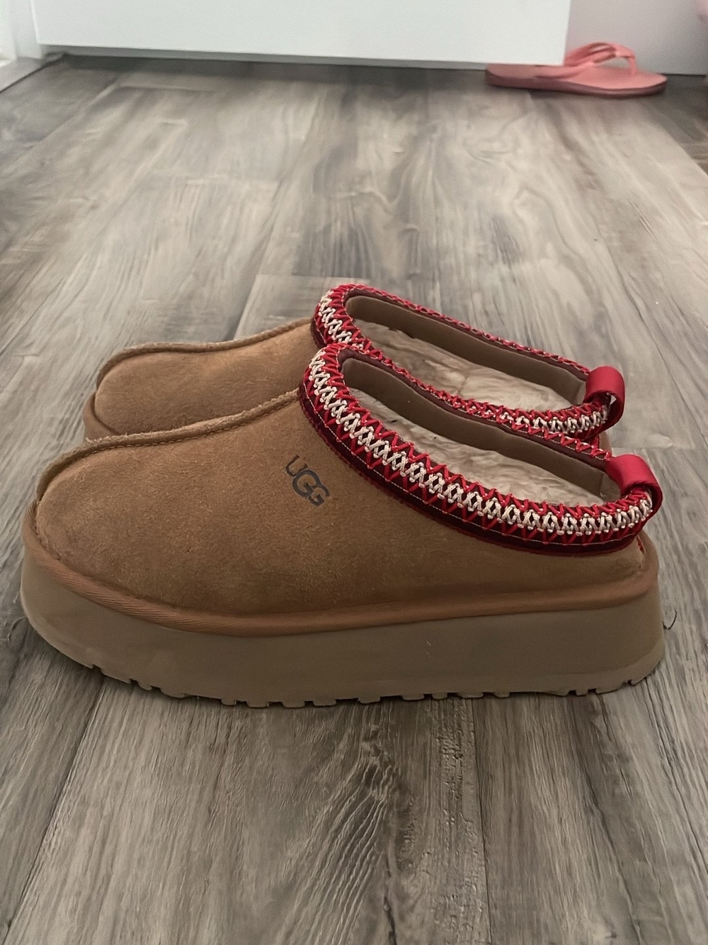 UGG Women's Chestnut Suede Platform Mule with Red Trim